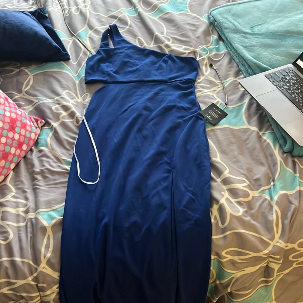 Long blue dress.